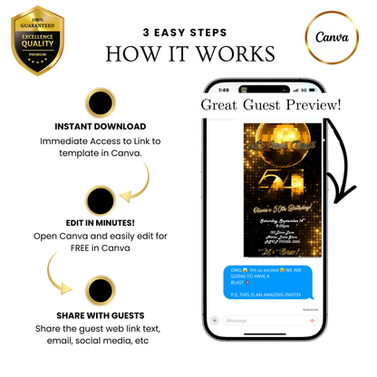 Editable gold disco 54th birthday video invitation displayed on a mobile phone, featuring an animated vertical digital invite with music, created in Canva. This premium video invitation template is designed for sharing by text, email, and social media and works with an interactive RSVP website for easy guest response tracking.