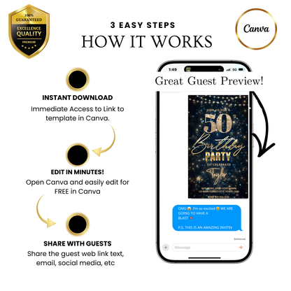 Editable starry gold 50th birthday video invitation displayed on a mobile phone, featuring an animated vertical digital invite with music, created in Canva. This premium video invitation template is designed for sharing by text, email, and social media and works with an interactive RSVP website for easy guest response tracking.