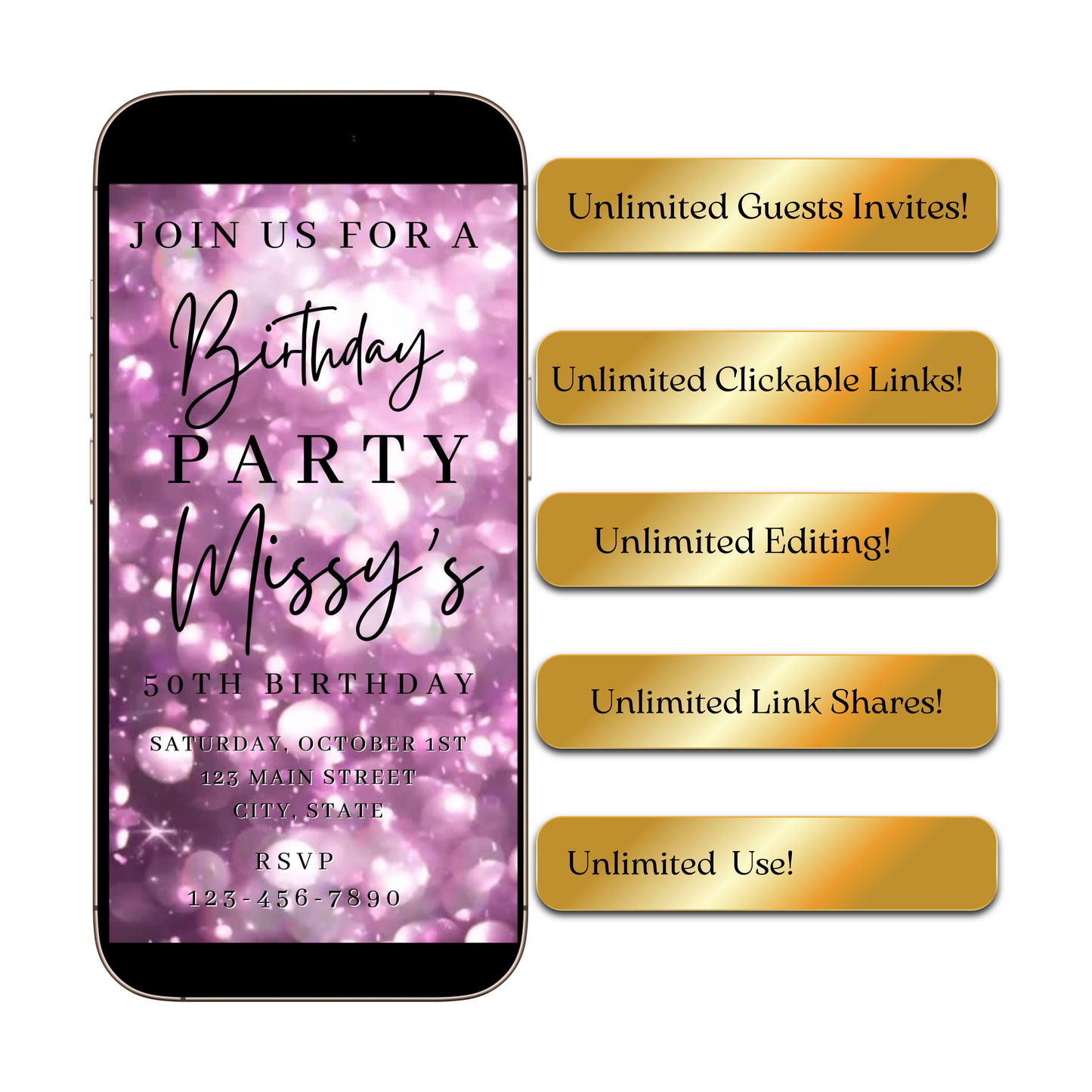 Editable lavender bokeh 50th birthday birthday video invitation displayed on a mobile phone, featuring an animated vertical digital invite with music, created in Canva. This premium video invitation template is designed for sharing by text, email, and social media and works with an interactive RSVP website for easy guest response tracking.