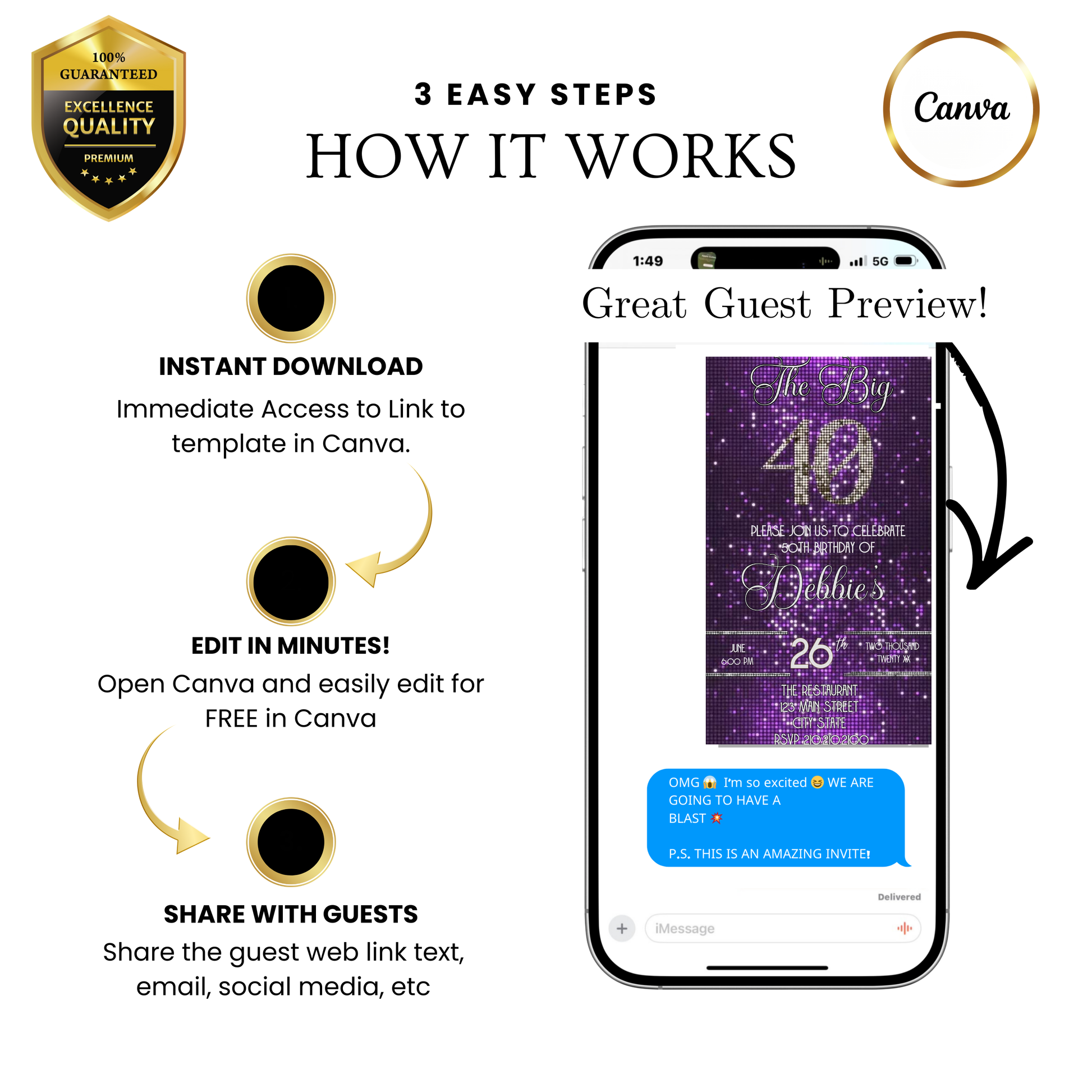 Editable purple glitter 40th birthday video invitation displayed on a mobile phone, featuring an animated vertical digital invite with music, created in Canva. This premium video invitation template is designed for sharing by text, email, and social media and works with an interactive RSVP website for easy guest response tracking.