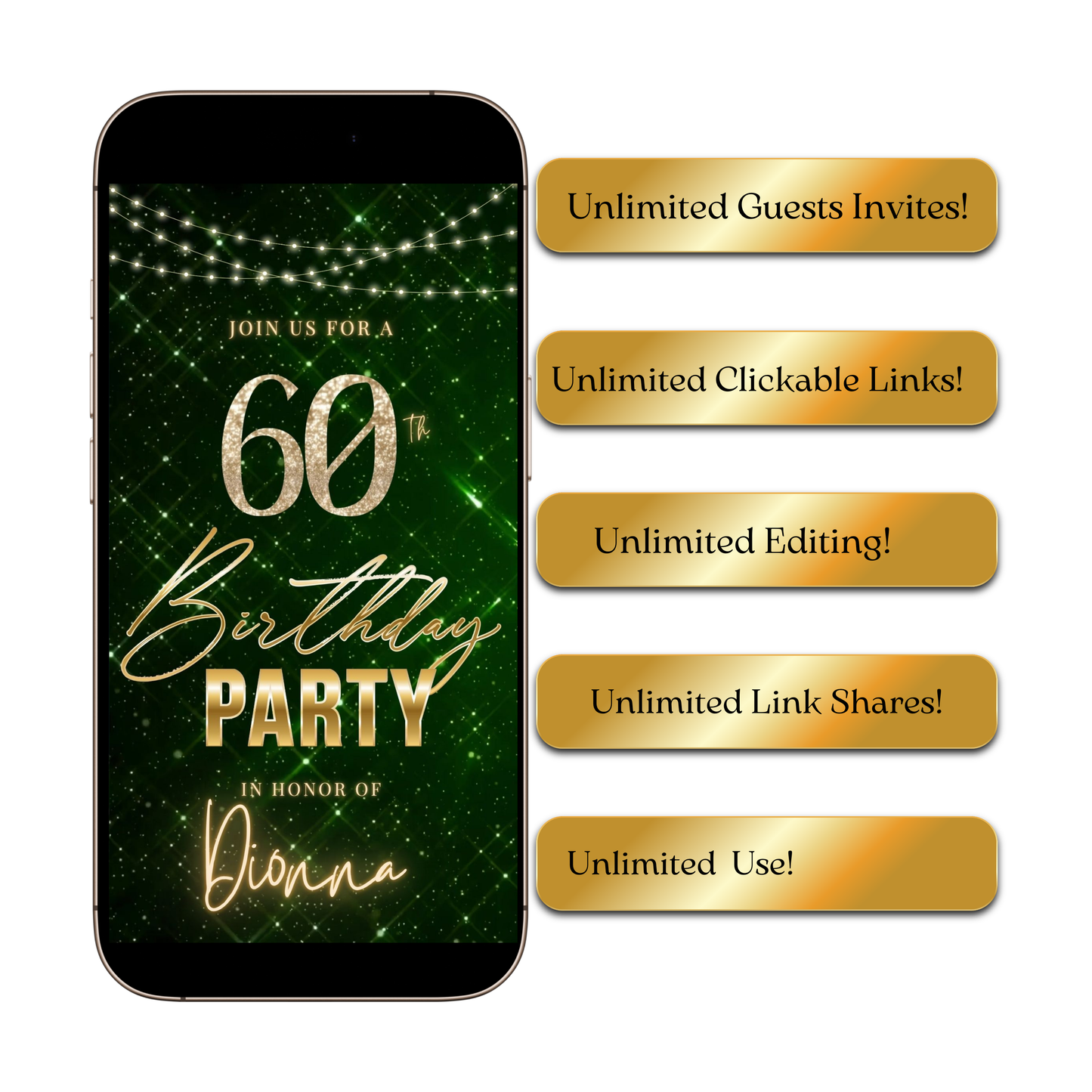 Editable emerald green gold 60th birthday birthday video invitation displayed on a mobile phone, featuring an animated vertical digital invite with music, created in Canva. This premium video invitation template is designed for sharing by text, email, and social media and works with an interactive RSVP website for easy guest response tracking.