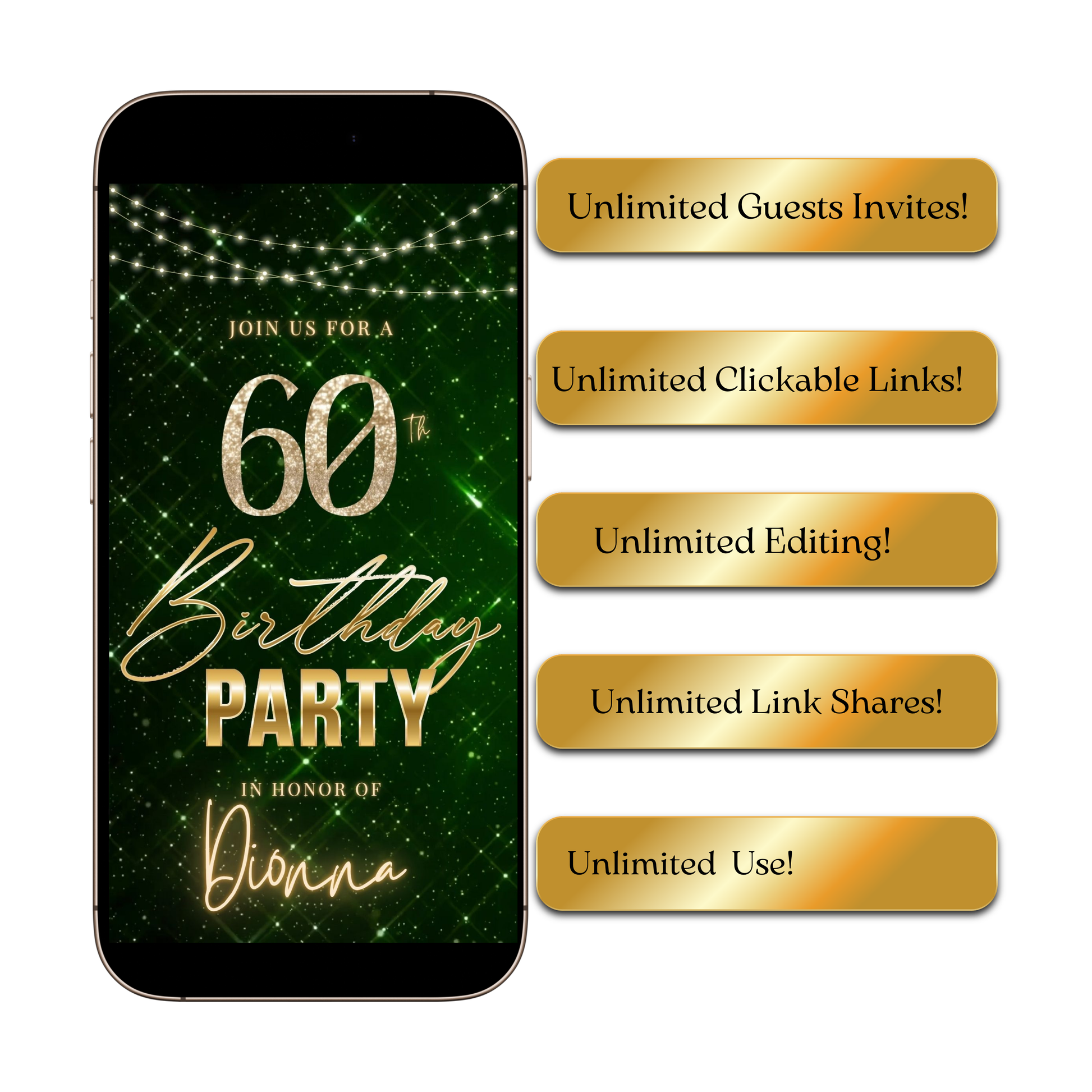 Editable emerald green gold 60th birthday birthday video invitation displayed on a mobile phone, featuring an animated vertical digital invite with music, created in Canva. This premium video invitation template is designed for sharing by text, email, and social media and works with an interactive RSVP website for easy guest response tracking.