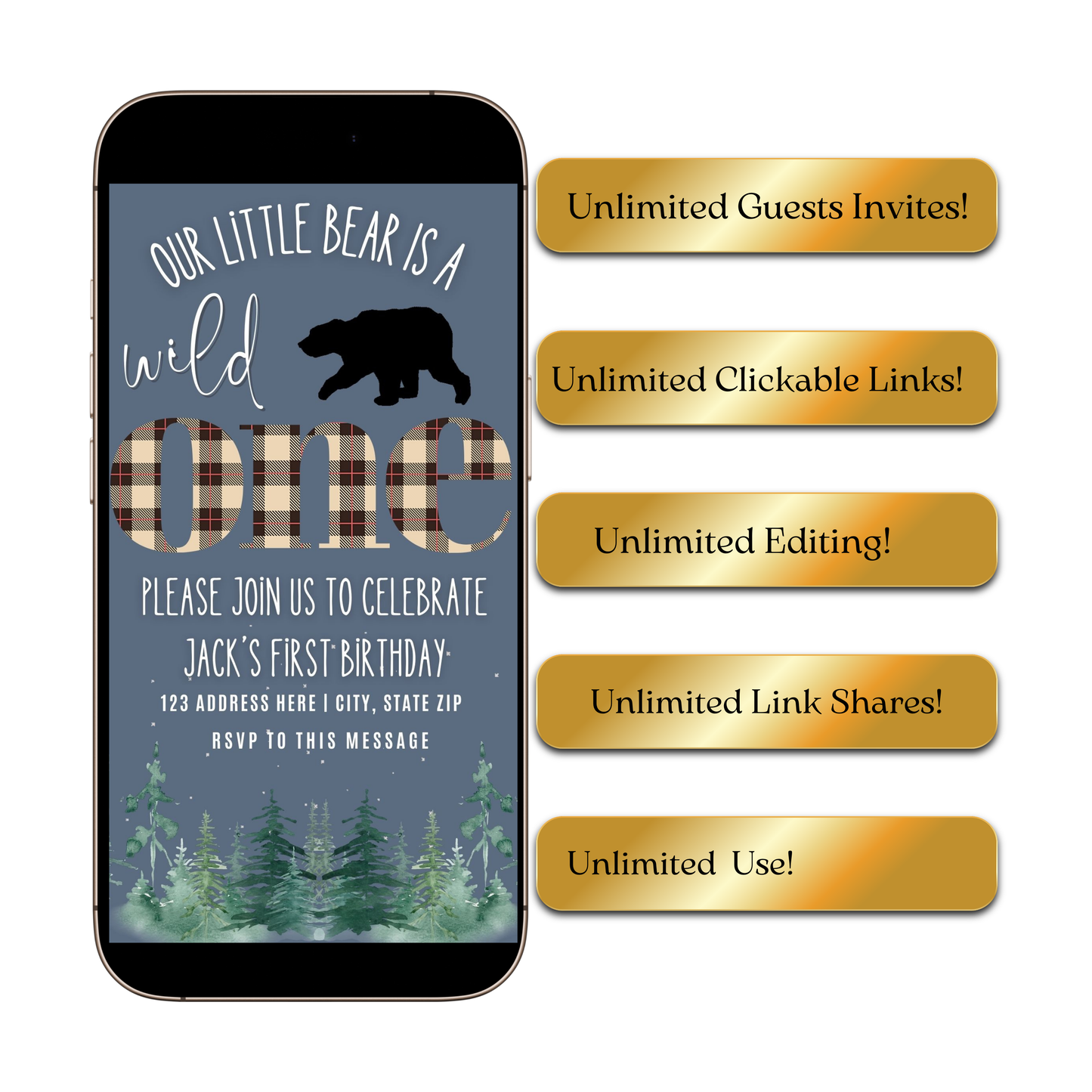 Editable wild one bear birthday birthday video invitation displayed on a mobile phone, featuring an animated vertical digital invite with music, created in Canva. This premium video invitation template is designed for sharing by text, email, and social media and works with an interactive RSVP website for easy guest response tracking.