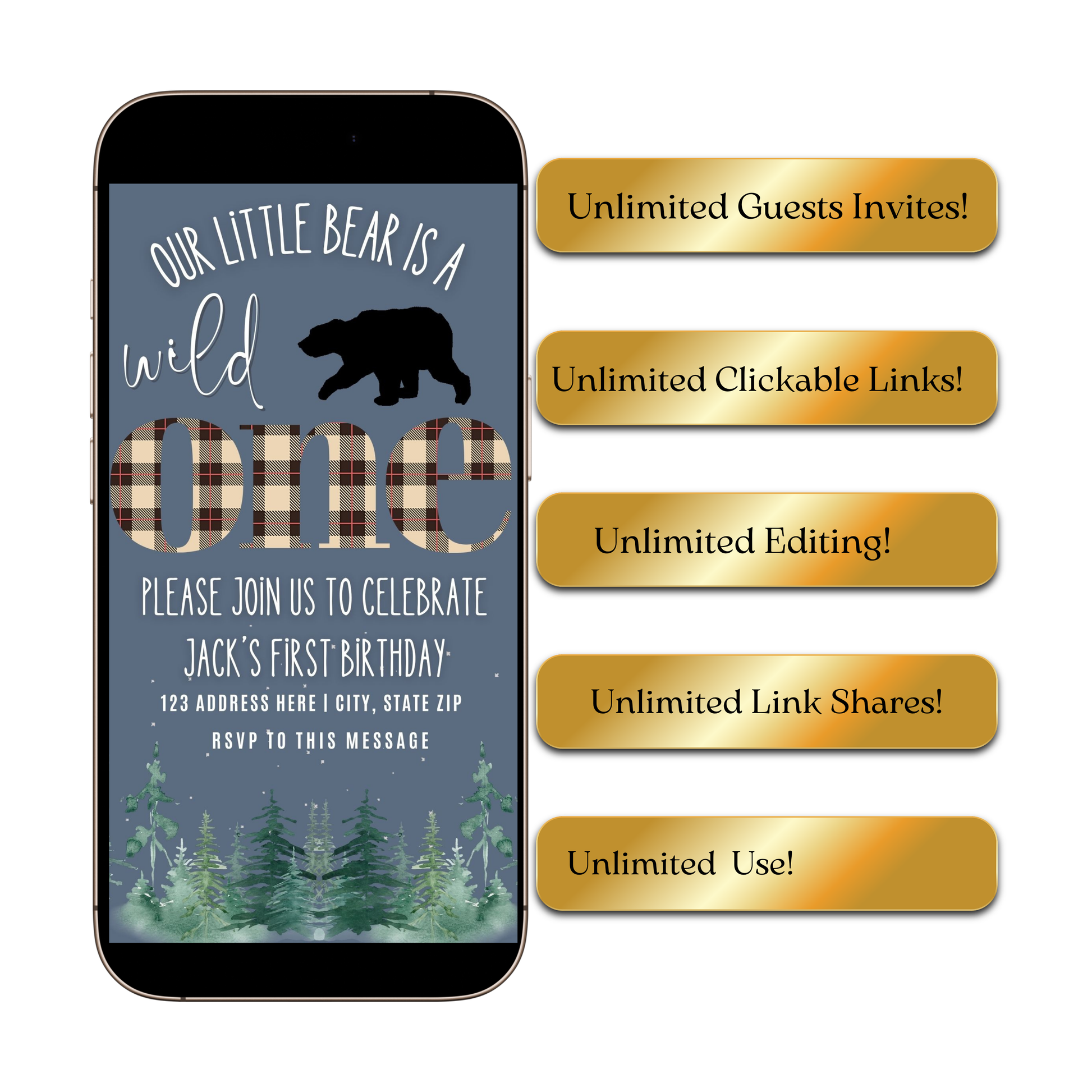 Editable wild one bear birthday birthday video invitation displayed on a mobile phone, featuring an animated vertical digital invite with music, created in Canva. This premium video invitation template is designed for sharing by text, email, and social media and works with an interactive RSVP website for easy guest response tracking.