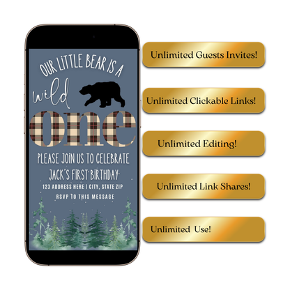 Editable wild one bear birthday birthday video invitation displayed on a mobile phone, featuring an animated vertical digital invite with music, created in Canva. This premium video invitation template is designed for sharing by text, email, and social media and works with an interactive RSVP website for easy guest response tracking.
