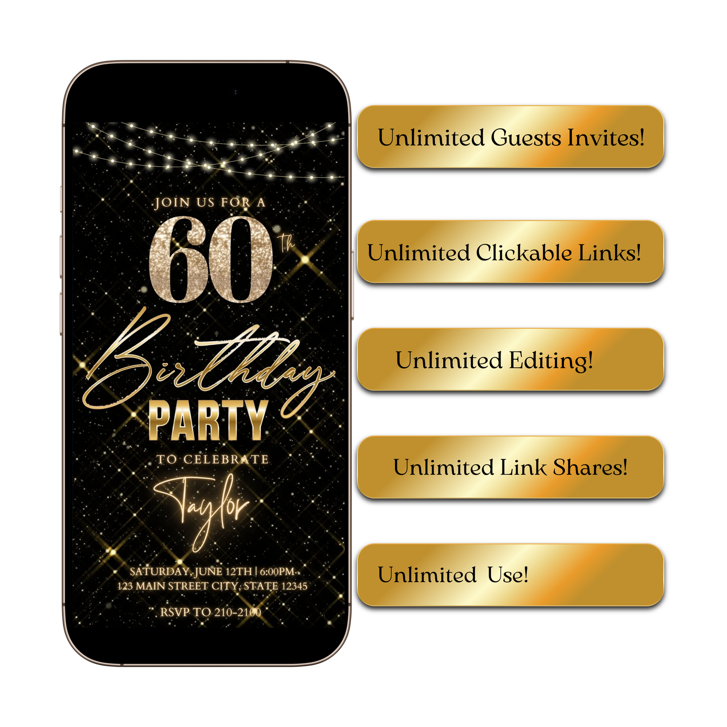 Editable gold sparkle grid 60th birthday birthday video invitation displayed on a mobile phone, featuring an animated vertical digital invite with music, created in Canva. This premium video invitation template is designed for sharing by text, email, and social media and works with an interactive RSVP website for easy guest response tracking.