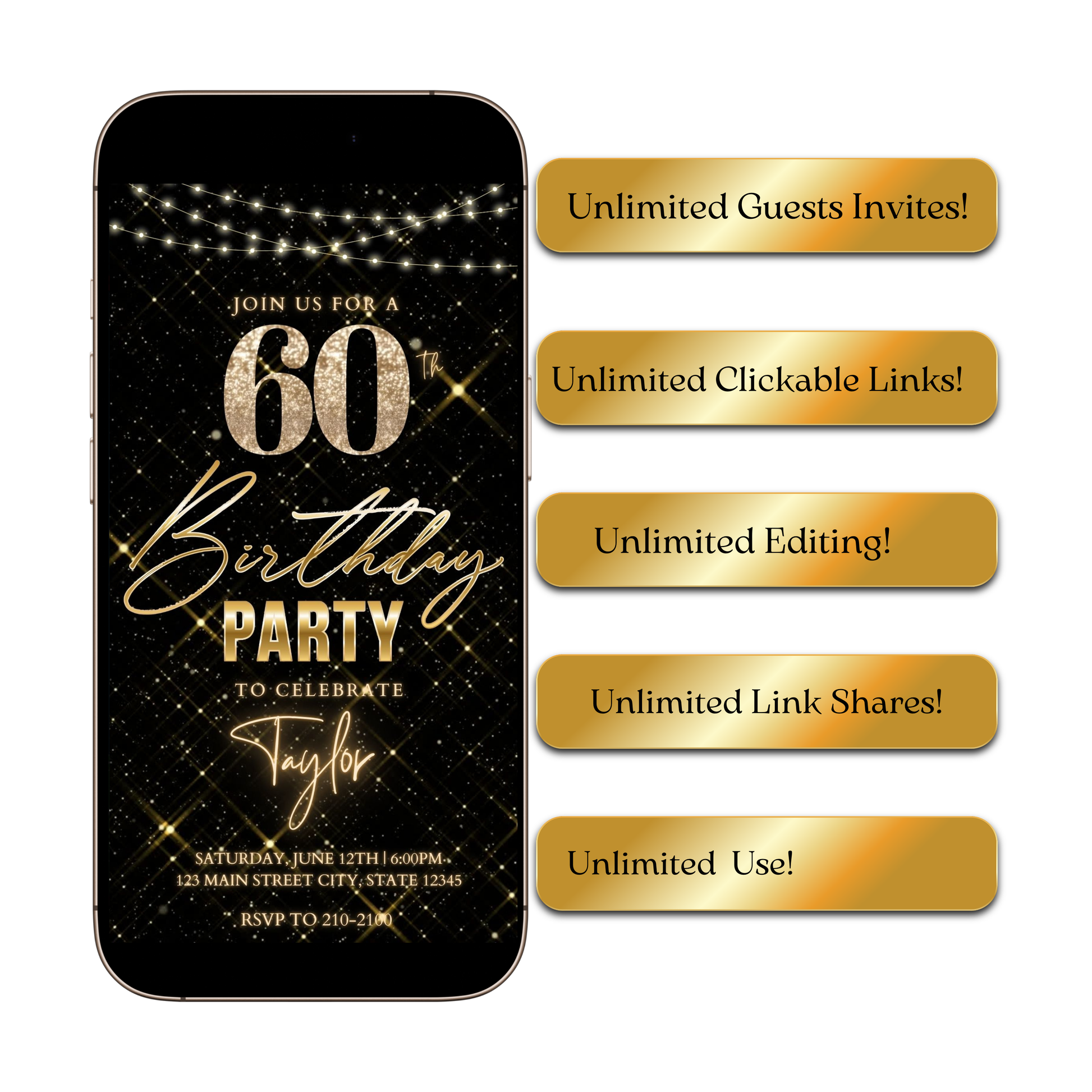 Editable gold sparkle grid 60th birthday birthday video invitation displayed on a mobile phone, featuring an animated vertical digital invite with music, created in Canva. This premium video invitation template is designed for sharing by text, email, and social media and works with an interactive RSVP website for easy guest response tracking.