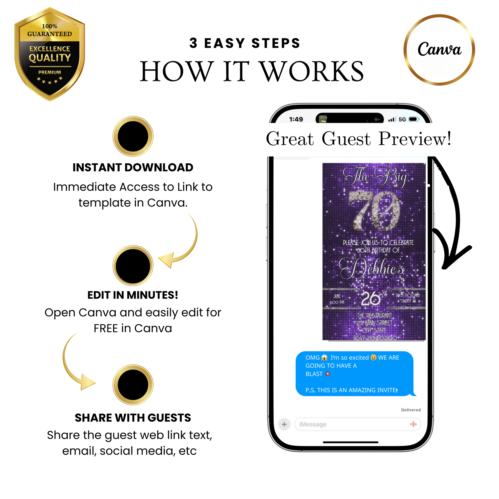 Editable purple sequin 70th birthday video invitation displayed on a mobile phone, featuring an animated vertical digital invite with music, created in Canva. This premium video invitation template is designed for sharing by text, email, and social media and works with an interactive RSVP website for easy guest response tracking.