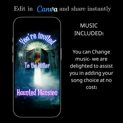 Editable haunted mansion halloween party party video invitation displayed on a mobile phone, featuring an animated vertical digital invite with music, created in Canva. This premium video invitation template is designed for sharing by text, email, and social media and works with an interactive RSVP website for easy guest response tracking.