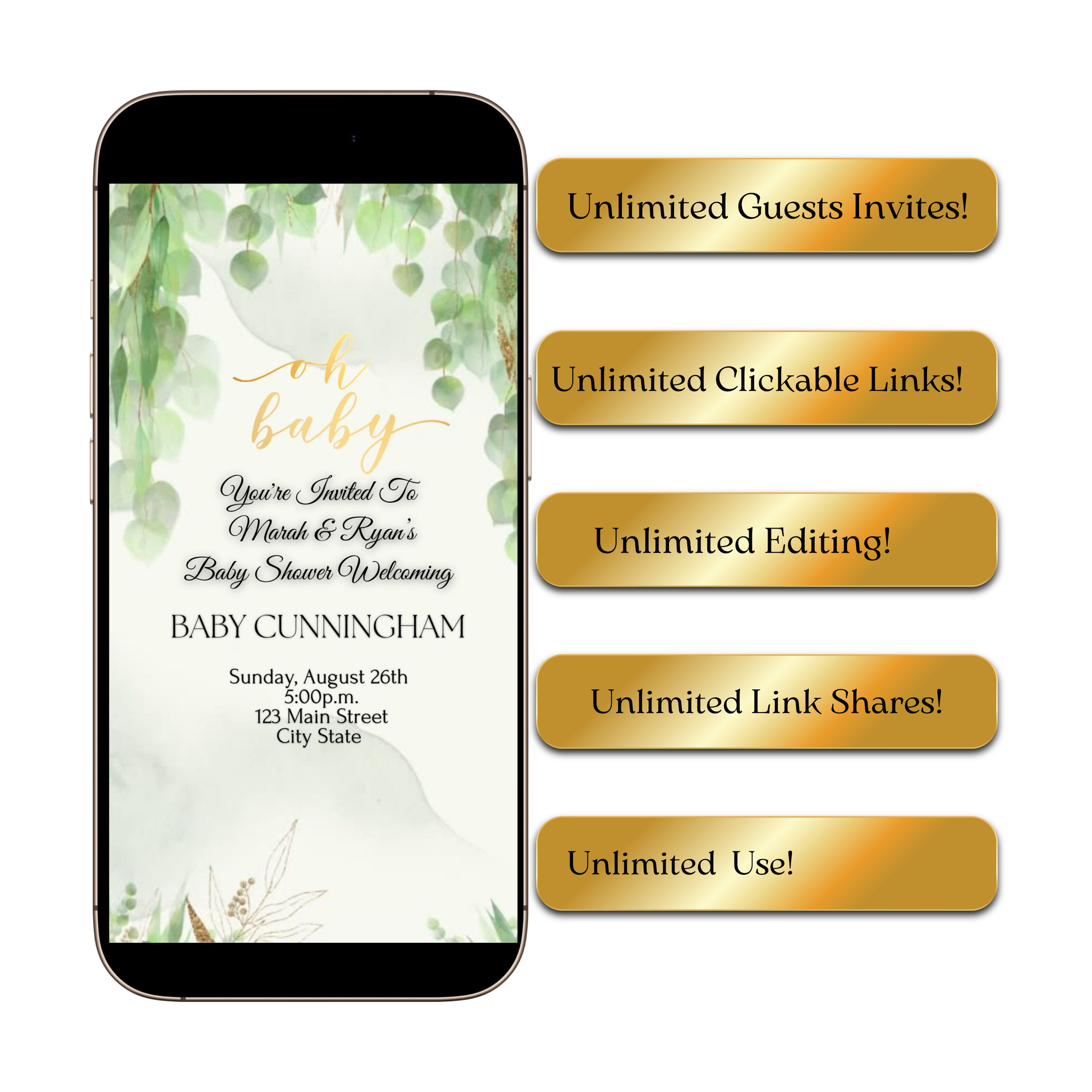 Editable greenery baby shower baby shower video invitation displayed on a mobile phone, featuring an animated vertical digital invite with music, created in Canva. This premium video invitation template is designed for sharing by text, email, and social media and works with an interactive RSVP website for easy guest response tracking.
