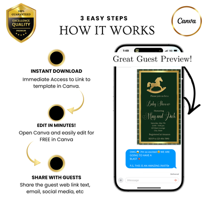 Editable green ralph lauren polo baby shower video invitation displayed on a mobile phone, featuring an animated vertical digital invite with music, created in Canva. This premium video invitation template is designed for sharing by text, email, and social media and works with an interactive RSVP website for easy guest response tracking.