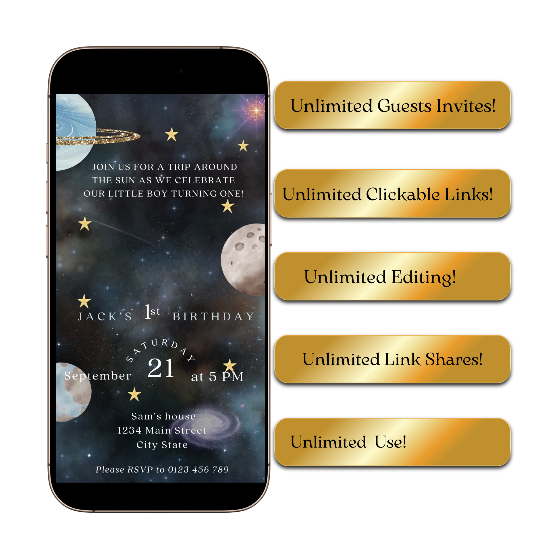 Editable space 1st birthday birthday video invitation displayed on a mobile phone, featuring an animated vertical digital invite with music, created in Canva. This premium video invitation template is designed for sharing by text, email, and social media and works with an interactive RSVP website for easy guest response tracking.