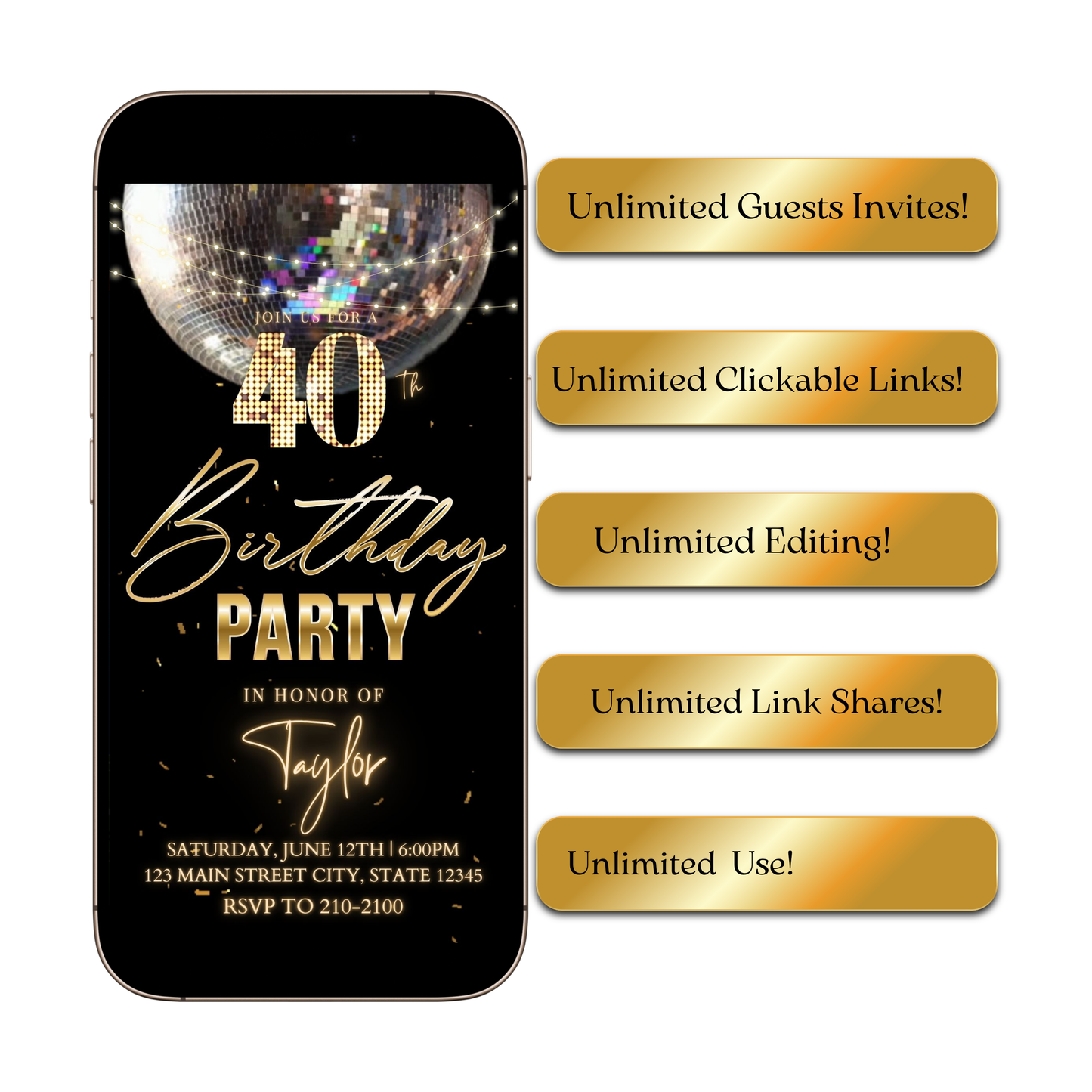 Editable black gold disco 40th birthday birthday video invitation displayed on a mobile phone, featuring an animated vertical digital invite with music, created in Canva. This premium video invitation template is designed for sharing by text, email, and social media and works with an interactive RSVP website for easy guest response tracking.