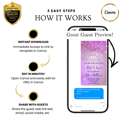 Editable purple watercolor glitter black tie engagement dinner video invitation displayed on a mobile phone, featuring an animated vertical digital invite with music, created in Canva. This premium video invitation template is designed for sharing by text, email, and social media and works with an interactive RSVP website for easy guest response tracking.