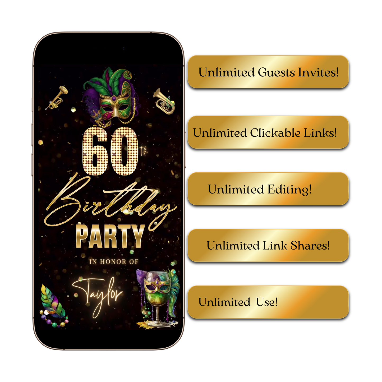 Editable mardi gras masquerade 60th birthday birthday video invitation displayed on a mobile phone, featuring an animated vertical digital invite with music, created in Canva. This premium video invitation template is designed for sharing by text, email, and social media and works with an interactive RSVP website for easy guest response tracking.