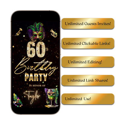 Editable mardi gras masquerade 60th birthday birthday video invitation displayed on a mobile phone, featuring an animated vertical digital invite with music, created in Canva. This premium video invitation template is designed for sharing by text, email, and social media and works with an interactive RSVP website for easy guest response tracking.