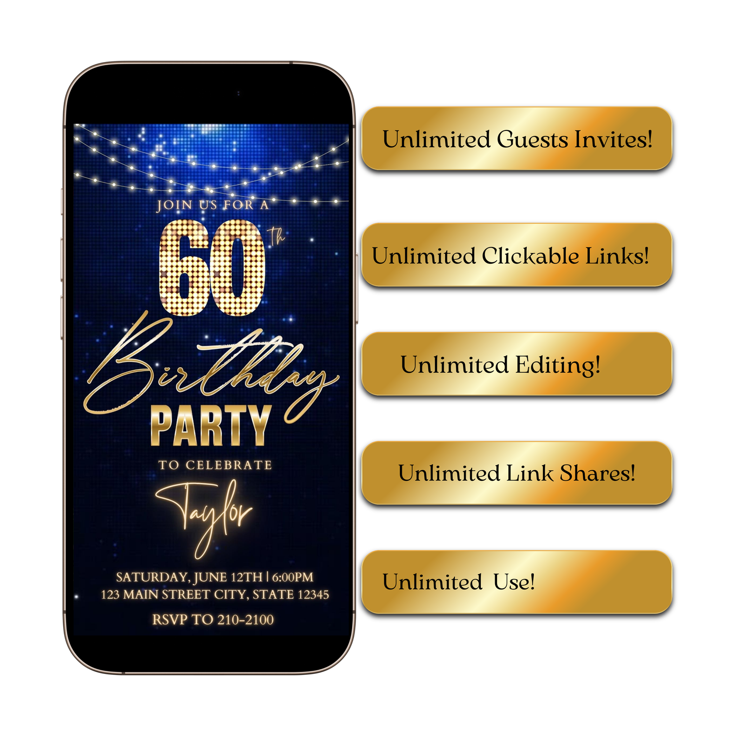 Editable royal blue gold sparkle 60th birthday birthday video invitation displayed on a mobile phone, featuring an animated vertical digital invite with music, created in Canva. This premium video invitation template is designed for sharing by text, email, and social media and works with an interactive RSVP website for easy guest response tracking.