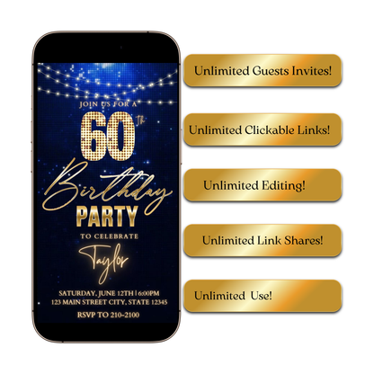 Editable royal blue gold sparkle 60th birthday birthday video invitation displayed on a mobile phone, featuring an animated vertical digital invite with music, created in Canva. This premium video invitation template is designed for sharing by text, email, and social media and works with an interactive RSVP website for easy guest response tracking.