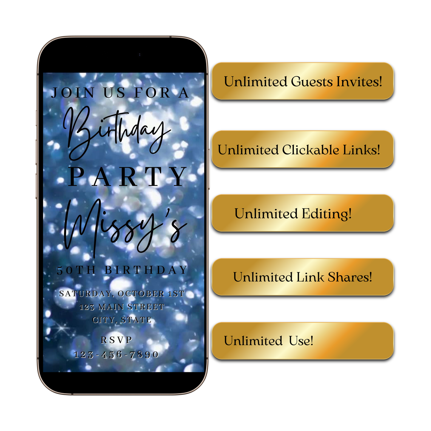 Editable blue bokeh 50th birthday birthday video invitation displayed on a mobile phone, featuring an animated vertical digital invite with music, created in Canva. This premium video invitation template is designed for sharing by text, email, and social media and works with an interactive RSVP website for easy guest response tracking.