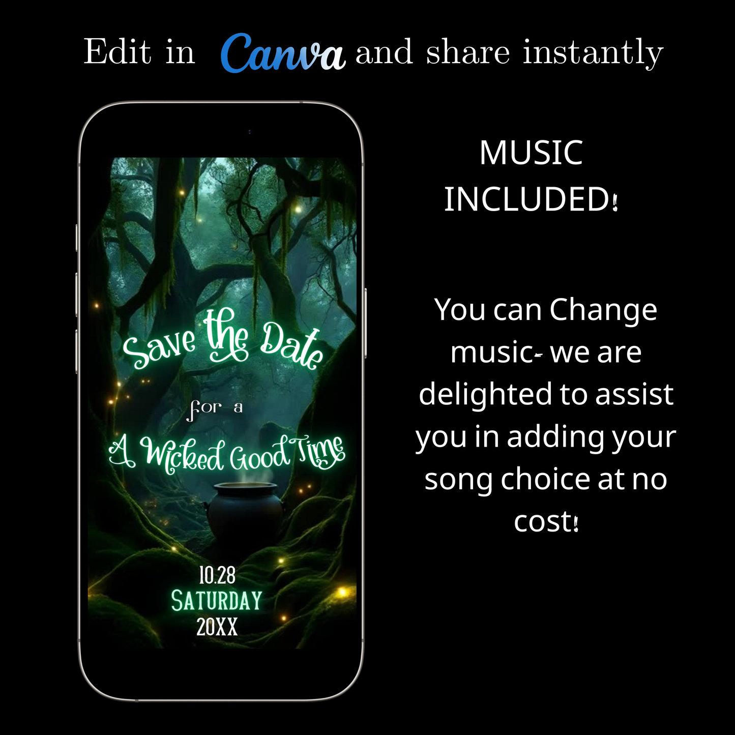 Editable abracadabra halloween party party video invitation displayed on a mobile phone, featuring an animated vertical digital invite with music, created in Canva. This premium video invitation template is designed for sharing by text, email, and social media and works with an interactive RSVP website for easy guest response tracking.