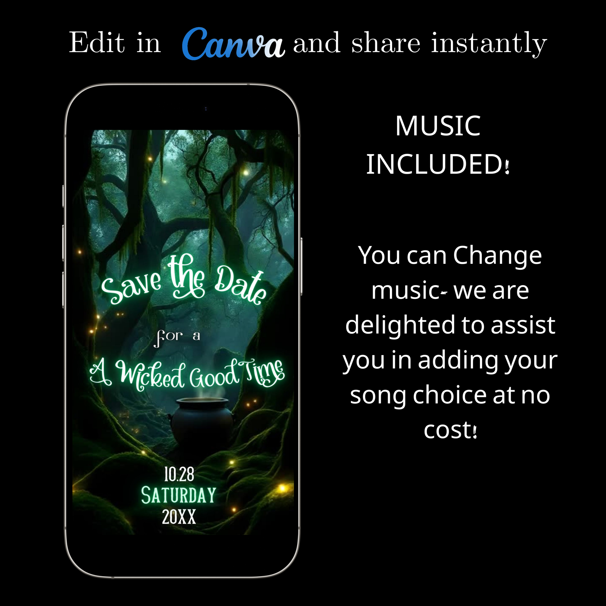 Editable abracadabra halloween party party video invitation displayed on a mobile phone, featuring an animated vertical digital invite with music, created in Canva. This premium video invitation template is designed for sharing by text, email, and social media and works with an interactive RSVP website for easy guest response tracking.