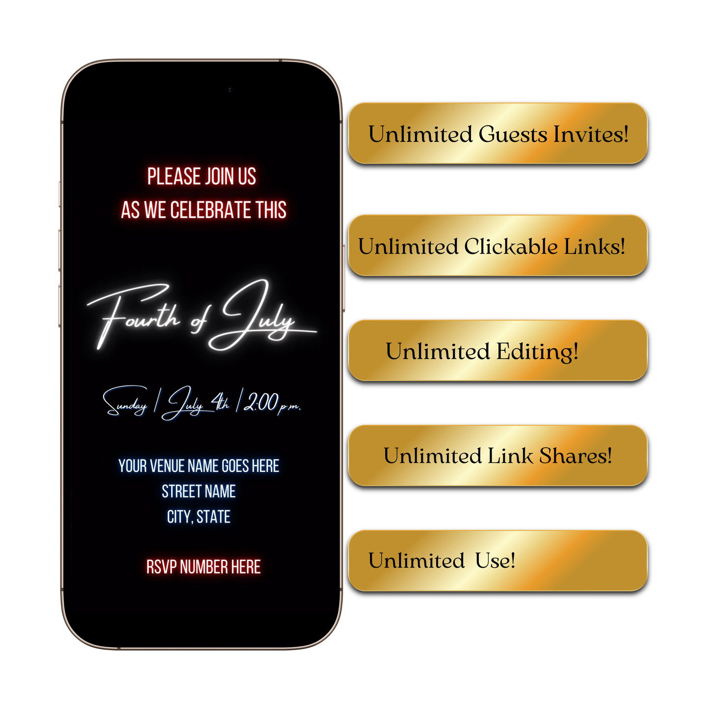 Editable neon fourth of july party party video invitation displayed on a mobile phone, featuring an animated vertical digital invite with music, created in Canva. This premium video invitation template is designed for sharing by text, email, and social media and works with an interactive RSVP website for easy guest response tracking.