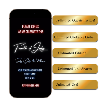 Editable neon fourth of july party party video invitation displayed on a mobile phone, featuring an animated vertical digital invite with music, created in Canva. This premium video invitation template is designed for sharing by text, email, and social media and works with an interactive RSVP website for easy guest response tracking.