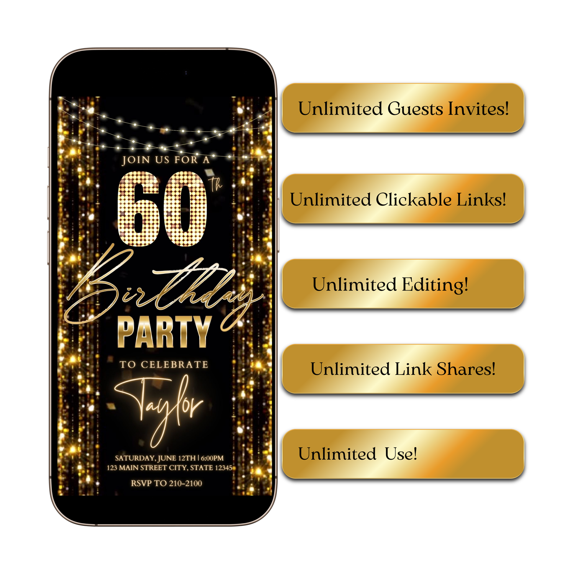 Editable gold glitter curtain 60th birthday birthday video invitation displayed on a mobile phone, featuring an animated vertical digital invite with music, created in Canva. This premium video invitation template is designed for sharing by text, email, and social media and works with an interactive RSVP website for easy guest response tracking.