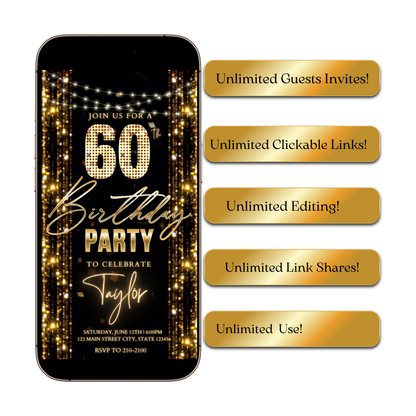 Editable gold glitter curtain 60th birthday birthday video invitation displayed on a mobile phone, featuring an animated vertical digital invite with music, created in Canva. This premium video invitation template is designed for sharing by text, email, and social media and works with an interactive RSVP website for easy guest response tracking.