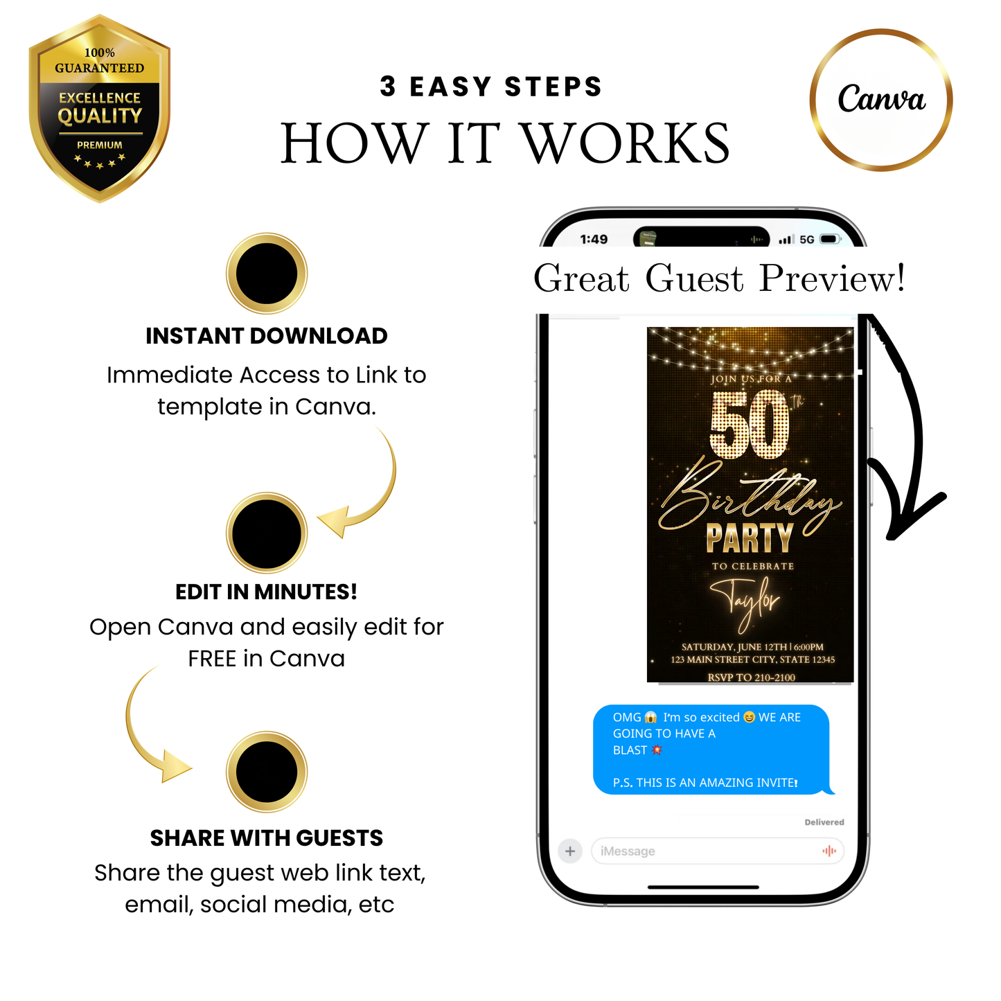 Editable black gold champagne 50th birthday video invitation displayed on a mobile phone, featuring an animated vertical digital invite with music, created in Canva. This premium video invitation template is designed for sharing by text, email, and social media and works with an interactive RSVP website for easy guest response tracking.