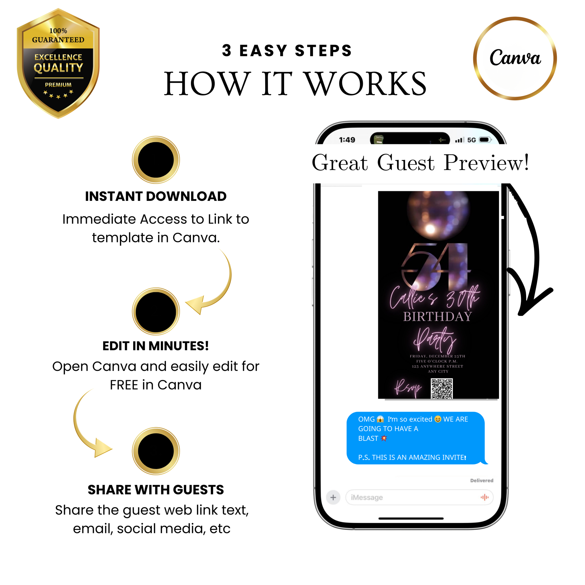 Editable subtle disco 54th birthday video invitation displayed on a mobile phone, featuring an animated vertical digital invite with music, created in Canva. This premium video invitation template is designed for sharing by text, email, and social media and works with an interactive RSVP website for easy guest response tracking.