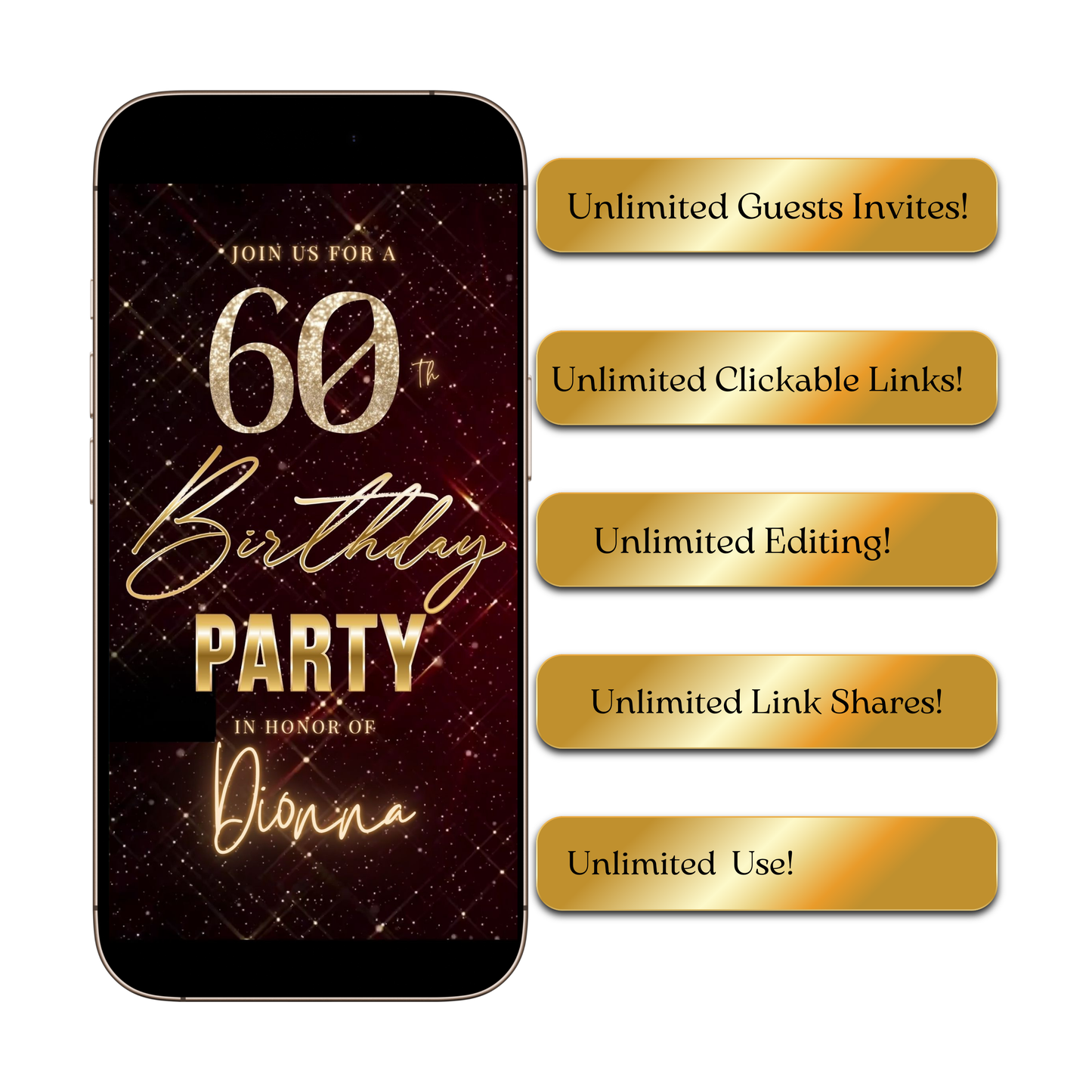 Editable maroon gold sparkle grid 60th birthday birthday video invitation displayed on a mobile phone, featuring an animated vertical digital invite with music, created in Canva. This premium video invitation template is designed for sharing by text, email, and social media and works with an interactive RSVP website for easy guest response tracking.