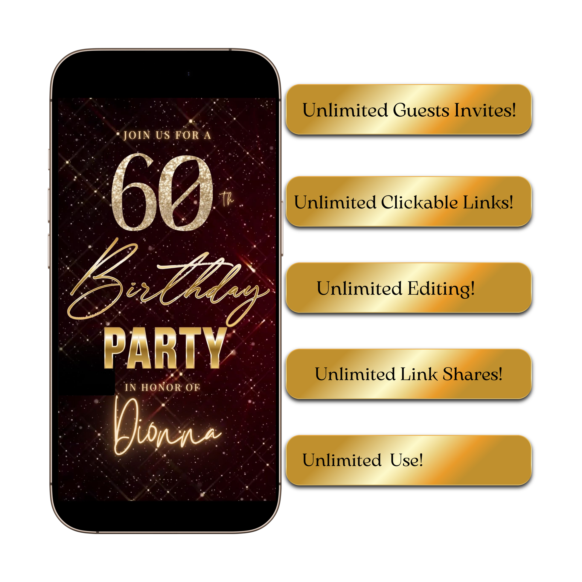 Editable maroon gold sparkle grid 60th birthday birthday video invitation displayed on a mobile phone, featuring an animated vertical digital invite with music, created in Canva. This premium video invitation template is designed for sharing by text, email, and social media and works with an interactive RSVP website for easy guest response tracking.
