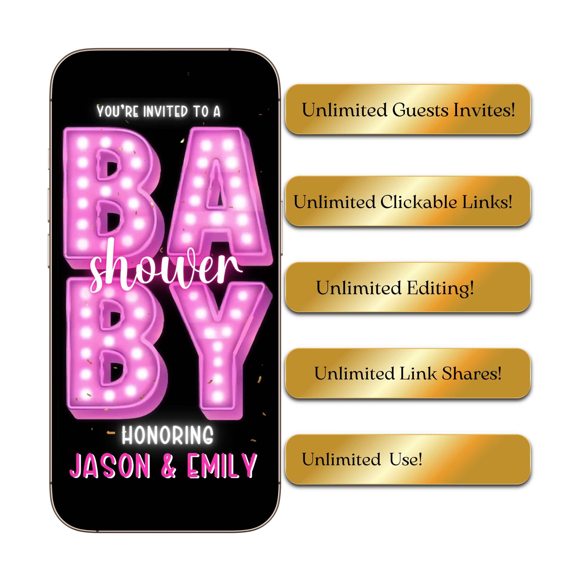Editable pink neon baby shower baby shower video invitation displayed on a mobile phone, featuring an animated vertical digital invite with music, created in Canva. This premium video invitation template is designed for sharing by text, email, and social media and works with an interactive RSVP website for easy guest response tracking.