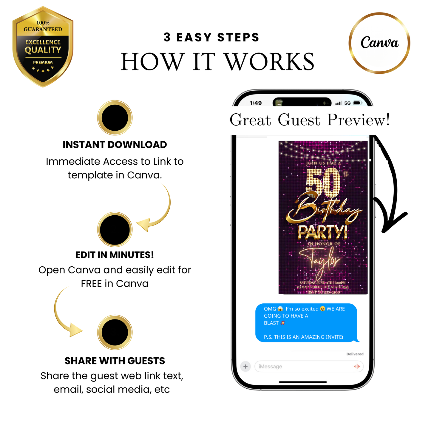 Editable pink gold sequin 50th birthday video invitation displayed on a mobile phone, featuring an animated vertical digital invite with music, created in Canva. This premium video invitation template is designed for sharing by text, email, and social media and works with an interactive RSVP website for easy guest response tracking.