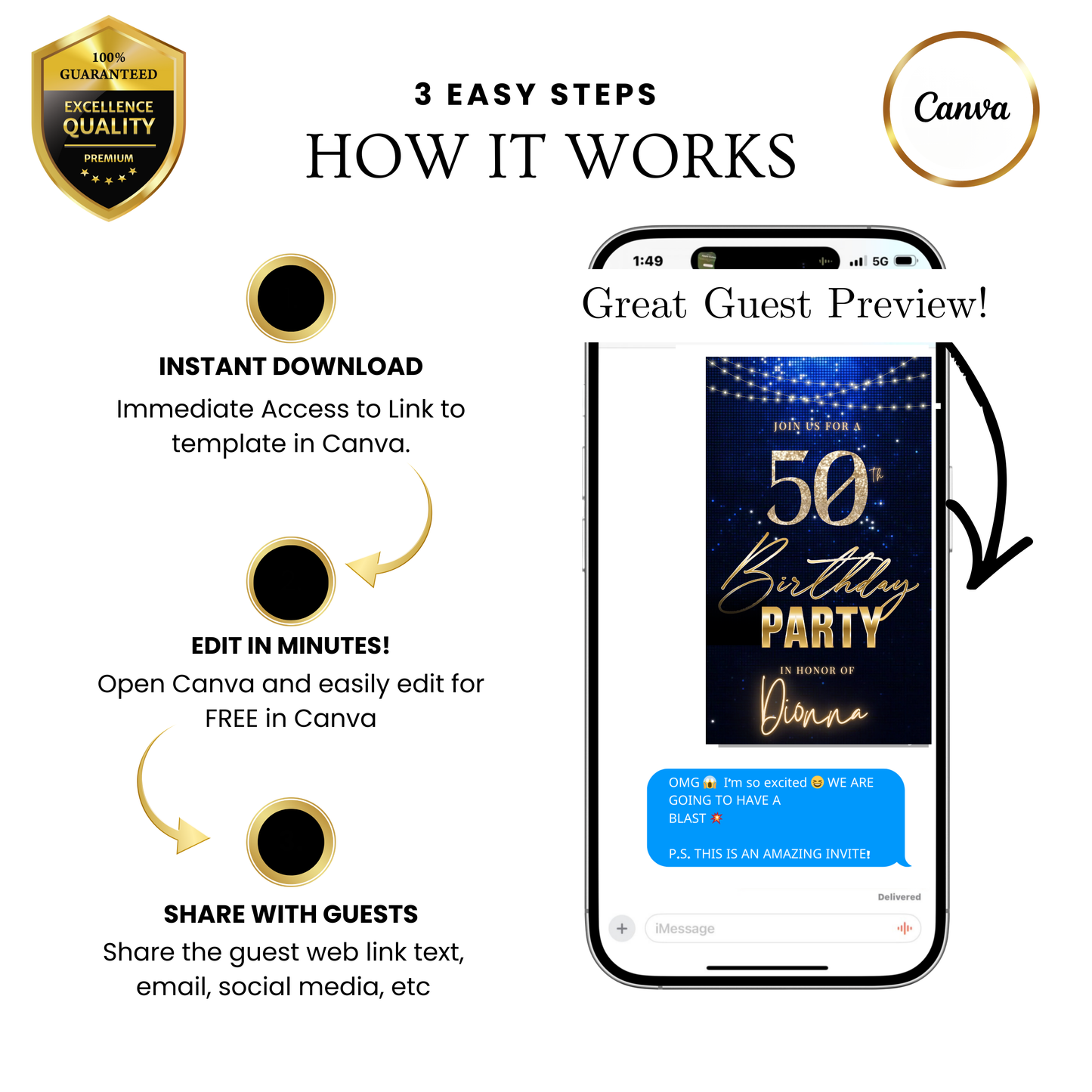 Editable navy blue glitter 50th birthday video invitation displayed on a mobile phone, featuring an animated vertical digital invite with music, created in Canva. This premium video invitation template is designed for sharing by text, email, and social media and works with an interactive RSVP website for easy guest response tracking.