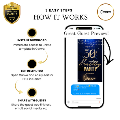 Editable navy blue glitter 50th birthday video invitation displayed on a mobile phone, featuring an animated vertical digital invite with music, created in Canva. This premium video invitation template is designed for sharing by text, email, and social media and works with an interactive RSVP website for easy guest response tracking.