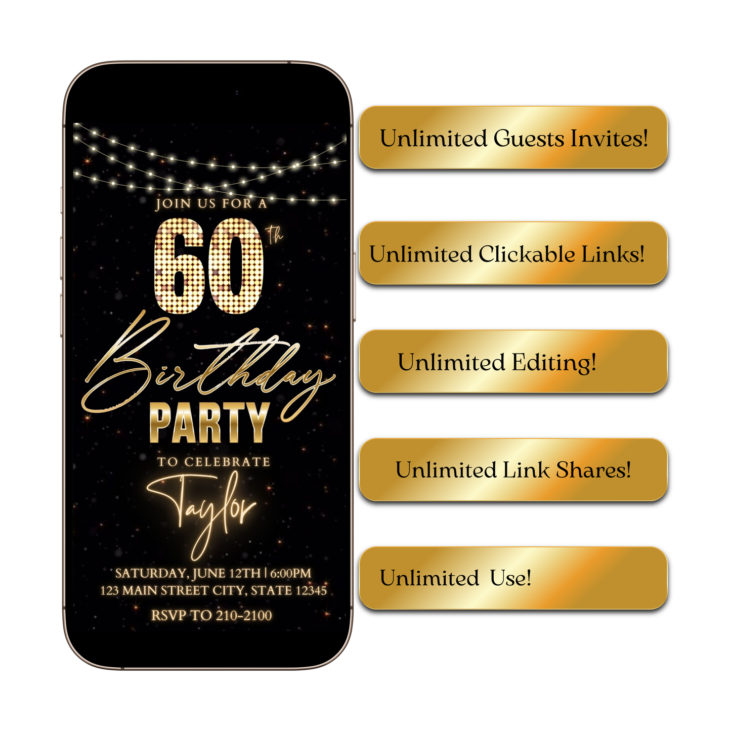 Editable black gold starry 60th birthday birthday video invitation displayed on a mobile phone, featuring an animated vertical digital invite with music, created in Canva. This premium video invitation template is designed for sharing by text, email, and social media and works with an interactive RSVP website for easy guest response tracking.