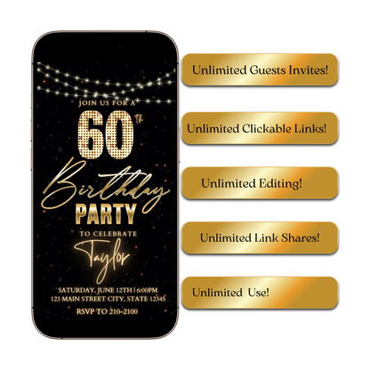 Editable black gold starry 60th birthday birthday video invitation displayed on a mobile phone, featuring an animated vertical digital invite with music, created in Canva. This premium video invitation template is designed for sharing by text, email, and social media and works with an interactive RSVP website for easy guest response tracking.