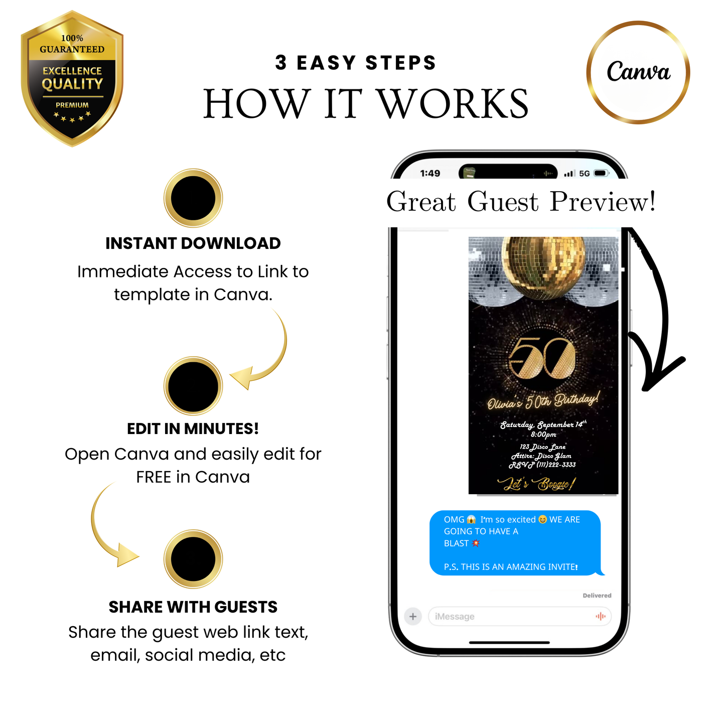 Editable gold disco 50th birthday video invitation displayed on a mobile phone, featuring an animated vertical digital invite with music, created in Canva. This premium video invitation template is designed for sharing by text, email, and social media and works with an interactive RSVP website for easy guest response tracking.