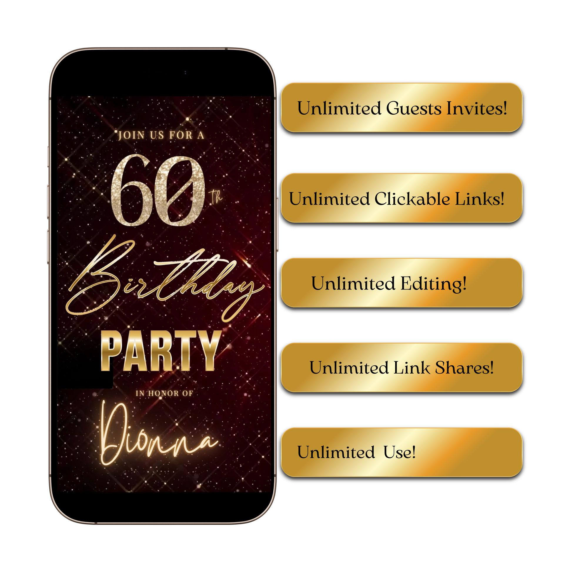 Editable maroon gold elegant 60th birthday birthday video invitation displayed on a mobile phone, featuring an animated vertical digital invite with music, created in Canva. This premium video invitation template is designed for sharing by text, email, and social media and works with an interactive RSVP website for easy guest response tracking.