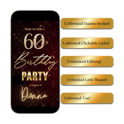 Editable maroon gold elegant 60th birthday birthday video invitation displayed on a mobile phone, featuring an animated vertical digital invite with music, created in Canva. This premium video invitation template is designed for sharing by text, email, and social media and works with an interactive RSVP website for easy guest response tracking.