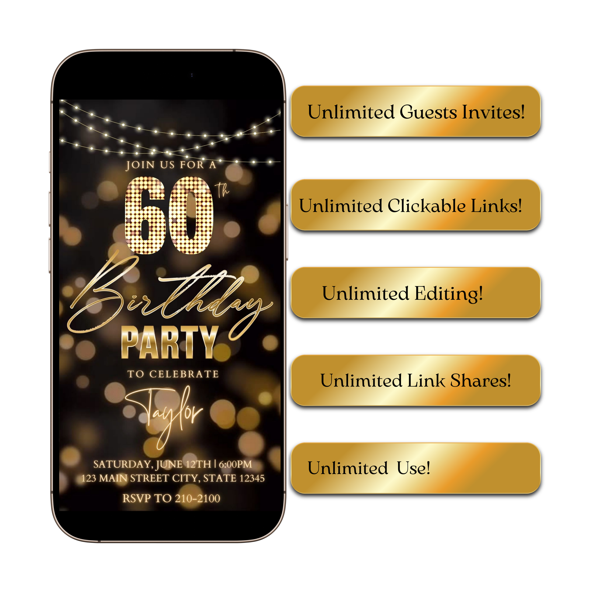 Editable gold bokeh lights 60th birthday birthday video invitation displayed on a mobile phone, featuring an animated vertical digital invite with music, created in Canva. This premium video invitation template is designed for sharing by text, email, and social media and works with an interactive RSVP website for easy guest response tracking.