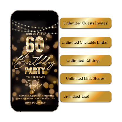 Editable gold bokeh lights 60th birthday birthday video invitation displayed on a mobile phone, featuring an animated vertical digital invite with music, created in Canva. This premium video invitation template is designed for sharing by text, email, and social media and works with an interactive RSVP website for easy guest response tracking.