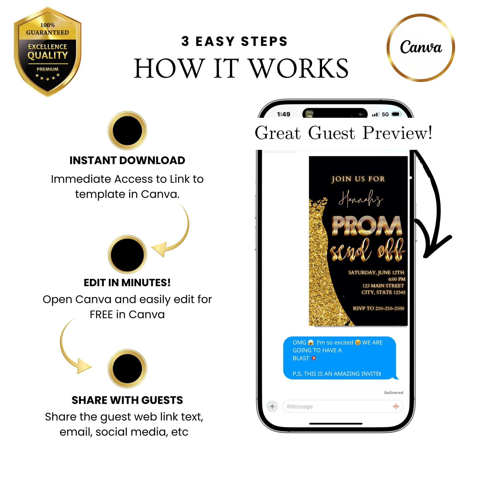 Editable black gold luxury prom send off video invitation displayed on a mobile phone, featuring an animated vertical digital invite with music, created in Canva. This premium video invitation template is designed for sharing by text, email, and social media and works with an interactive RSVP website for easy guest response tracking.