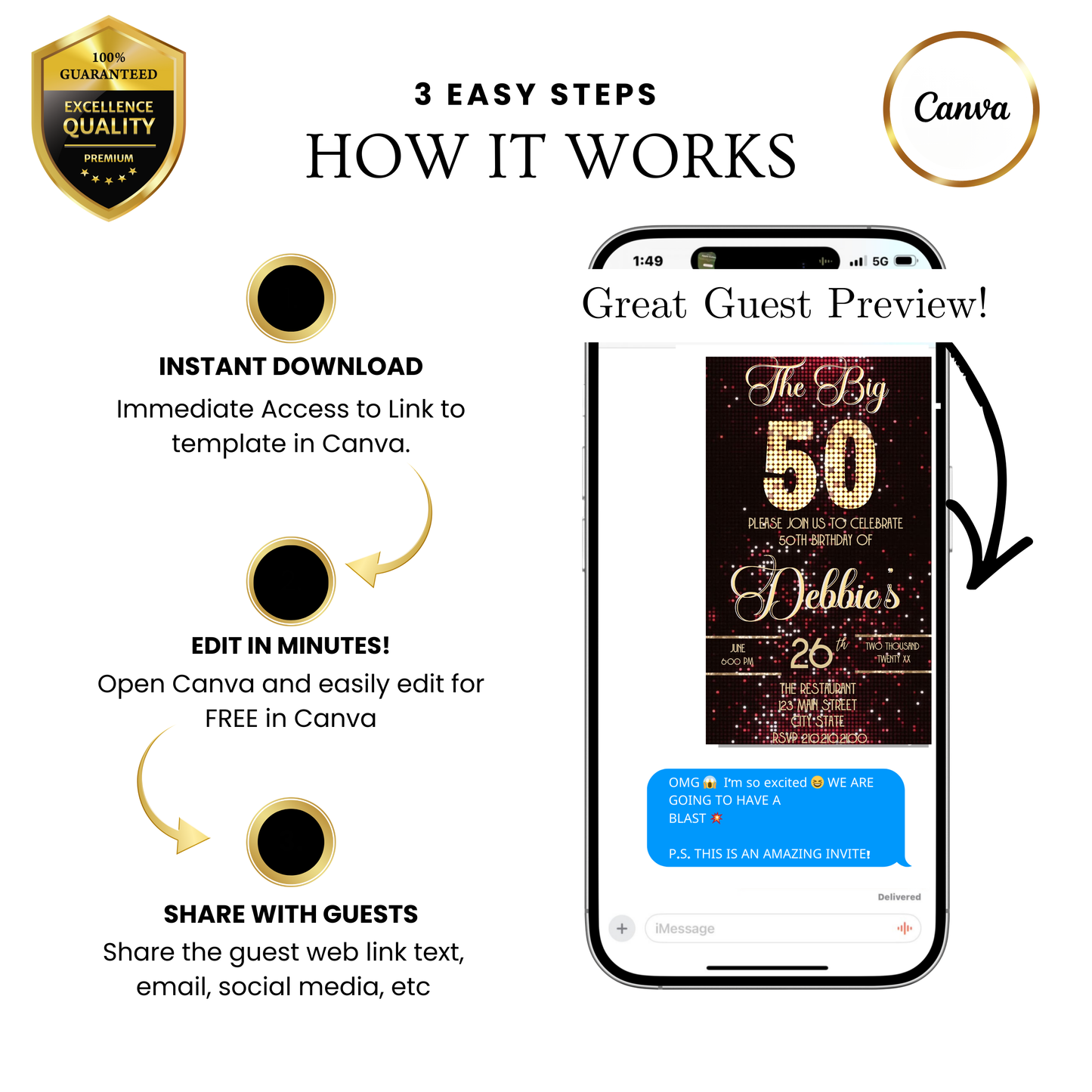 Editable red gold glam 50th birthday video invitation displayed on a mobile phone, featuring an animated vertical digital invite with music, created in Canva. This premium video invitation template is designed for sharing by text, email, and social media and works with an interactive RSVP website for easy guest response tracking.