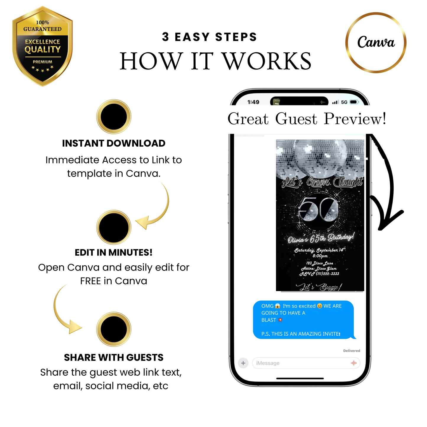 Editable silver studio 54 disco 50th birthday video invitation displayed on a mobile phone, featuring an animated vertical digital invite with music, created in Canva. This premium video invitation template is designed for sharing by text, email, and social media and works with an interactive RSVP website for easy guest response tracking.