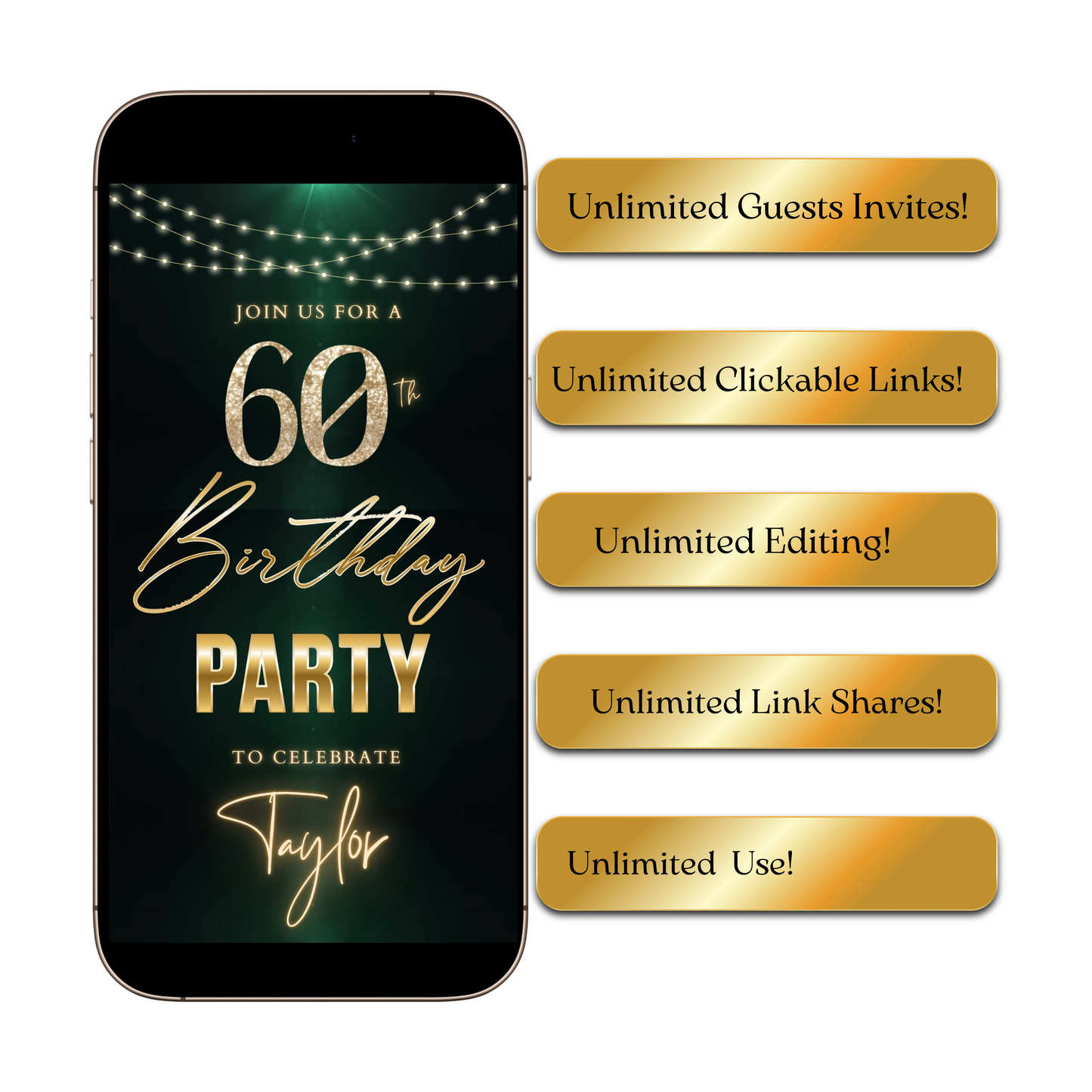 Editable dark emerald gold 60th birthday birthday video invitation displayed on a mobile phone, featuring an animated vertical digital invite with music, created in Canva. This premium video invitation template is designed for sharing by text, email, and social media and works with an interactive RSVP website for easy guest response tracking.