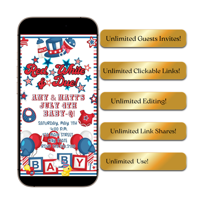 Editable red white blue 4th of july baby shower baby shower video invitation displayed on a mobile phone, featuring an animated vertical digital invite with music, created in Canva. This premium video invitation template is designed for sharing by text, email, and social media and works with an interactive RSVP website for easy guest response tracking.