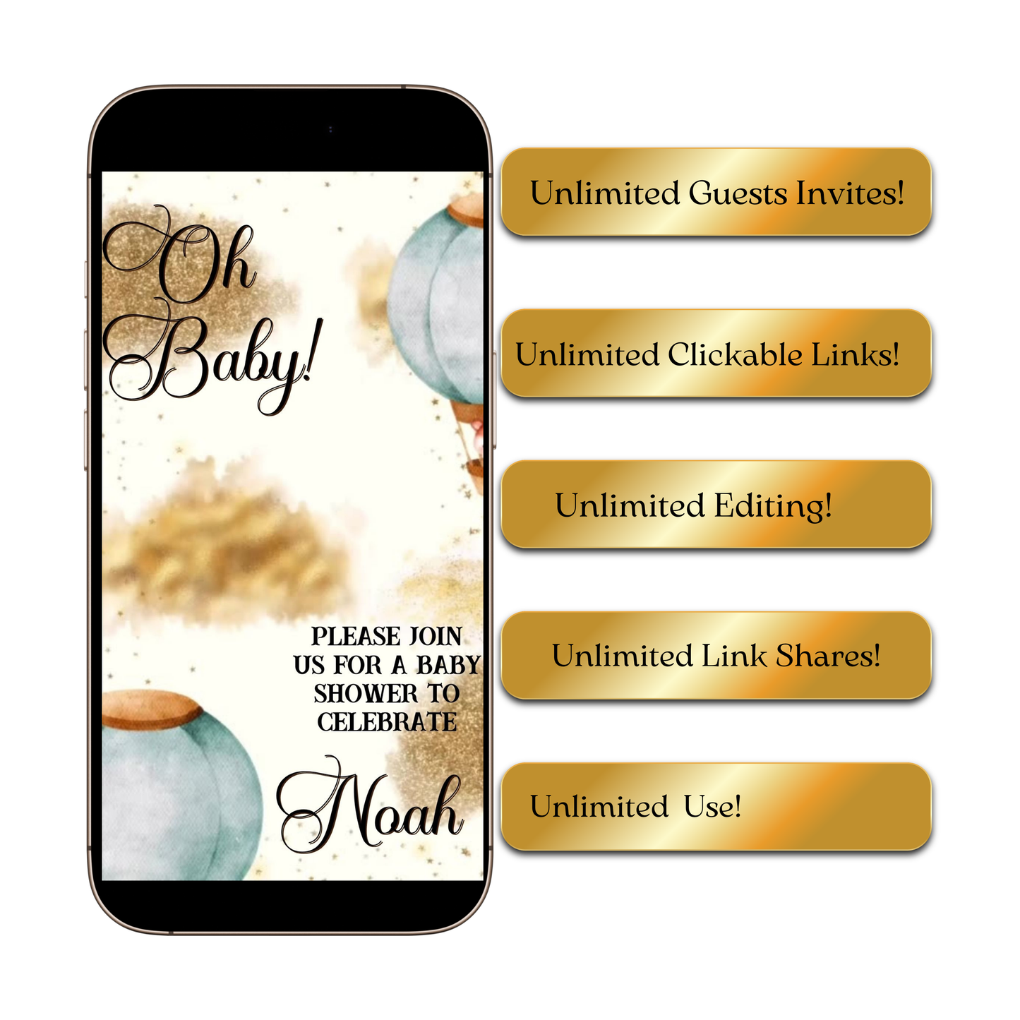 Editable woodland hot air balloon baby shower baby shower video invitation displayed on a mobile phone, featuring an animated vertical digital invite with music, created in Canva. This premium video invitation template is designed for sharing by text, email, and social media and works with an interactive RSVP website for easy guest response tracking.